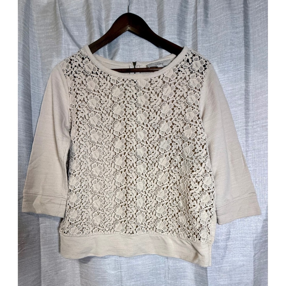 LOFT Beige Crochet Lace Inset 3/4 Sleeve Sweatshirt Pullover Women's Top M
